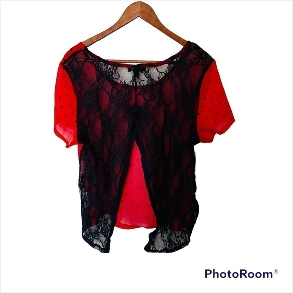 𝅺💜U K 2 L A Summer Top, Red Dotted Top, Sz L, Lacy - Picture 2 of 7